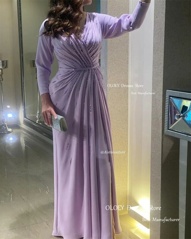 Oloey dubai arabische Frauen lila Abendkleider lange Ärmel Glitzer Perlen Chiffon V-Ausschnitt Ballkleider formelle Party Anlass Kleid