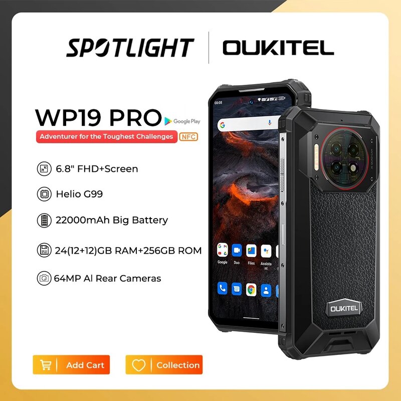 Oukitel-WP19 Pro Smartphone robusto, celular, 22000mAh, 24GB, 256GB, câmera de 64MP, celular Helio G99, 120Hz