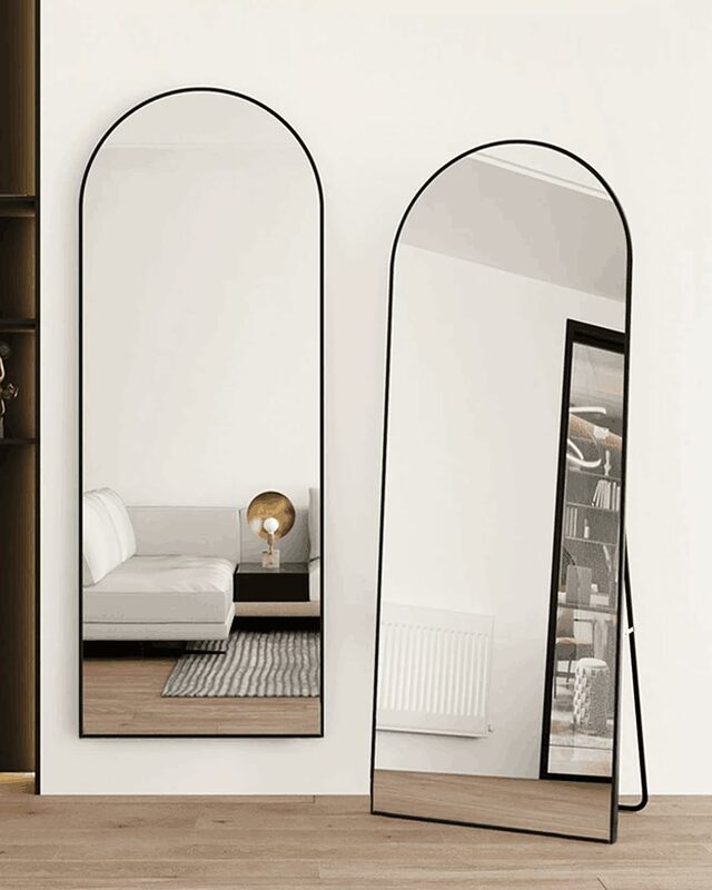 Espejo de piso arqueado de gran tamaño, espejo de pared de longitud completa para dormitorio, vidrio flotado de alta calidad, estructura mecánica triangular, 71 "x 30"