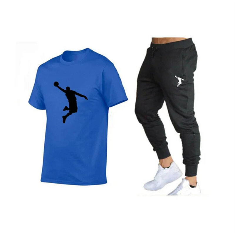 Мужской комплект из футболки и брюк, повседневные брендовые штаны для фитнеса и бега, футболка, модный мужской костюм в стиле хип-хоп, лето 2024