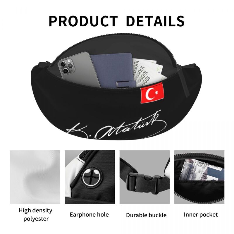 Ataturk With Turkey Flag Fanny Pack Stuff Casual For Unisex Turkish Ataturk Signature Chest Bag