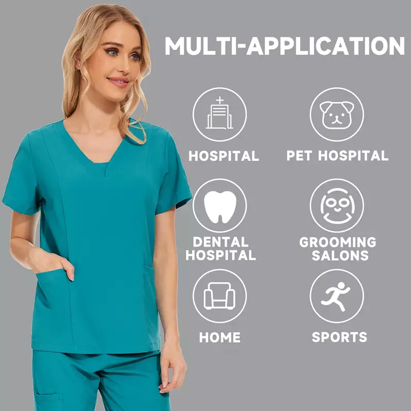 Vestuário de trabalho médico feminino Fato com Bolsos, Calças Top e Bocador, Enfermagem Scrubs Set, Uniforme de Enfermagem, Multicolor Pet Doctor Roupas de Trabalho