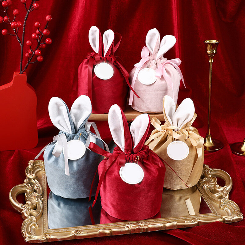 Bolsas de conejo de Pascua de 6 piezas, bolsa de terciopelo con orejas, caja de regalo, caja de azúcar, caja de dulces de boda, decoración creativa de Pascua y Navidad