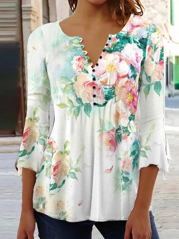 Plus Size Women 3/4 Sleeve V-neck Floral Printed Tops