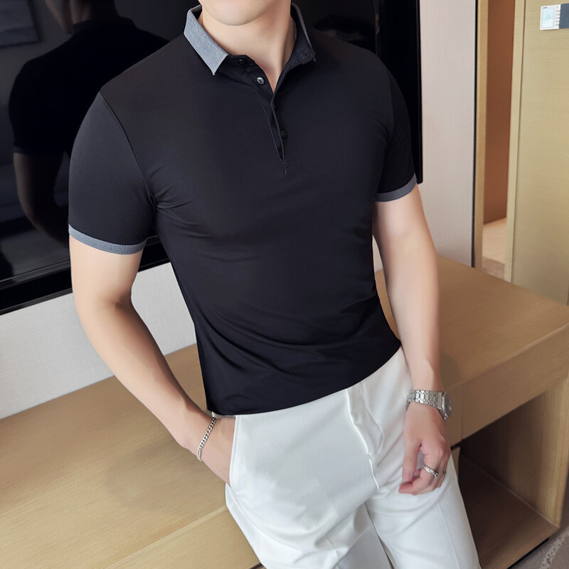 2024 Summer Casual Perfect Slim Fit High Elastic Polo Shirt, Lapel Thin Solid Color Men's Short Sleeve Top，Fashion City Golf