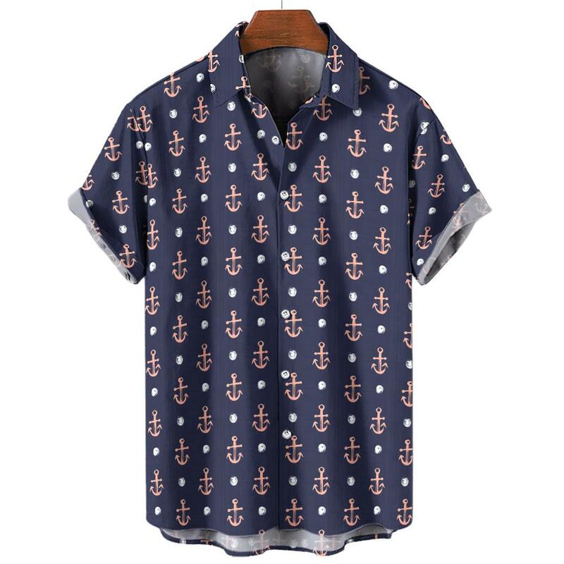 Рубашка гавайская мужская с коротким рукавом, модный топ с 3d принтом якоря, с лодочкой, повседневная одежда свободного кроя, большие размеры, лето