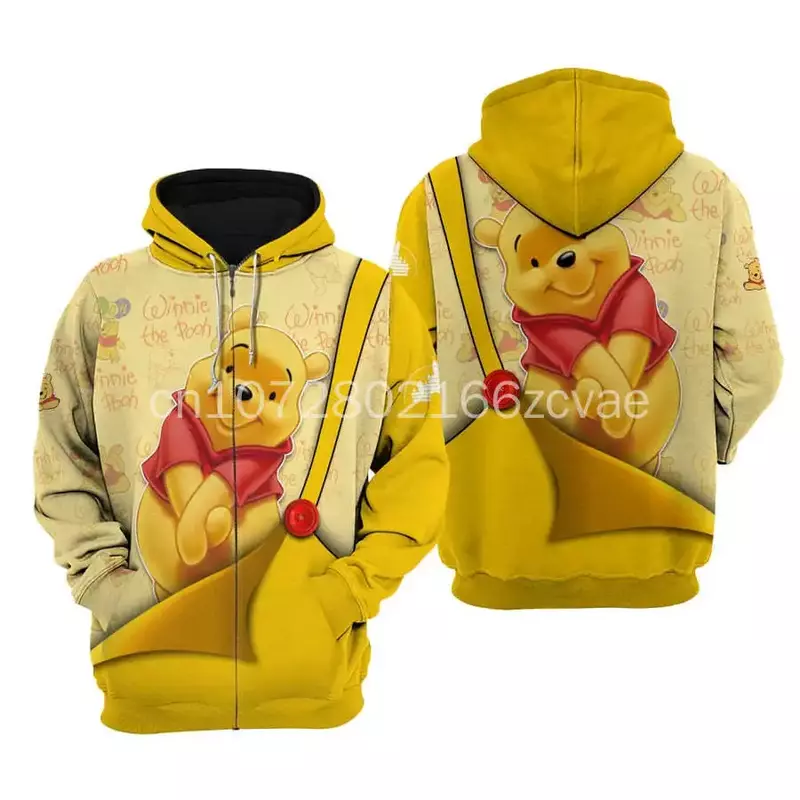 Sweat à capuche Disney Winnie l'Ourson pour hommes et femmes, tenues graphiques de dessin animé 3D, sweat à capuche zippé imprimé intégral, vêtements pour enfants, 2024