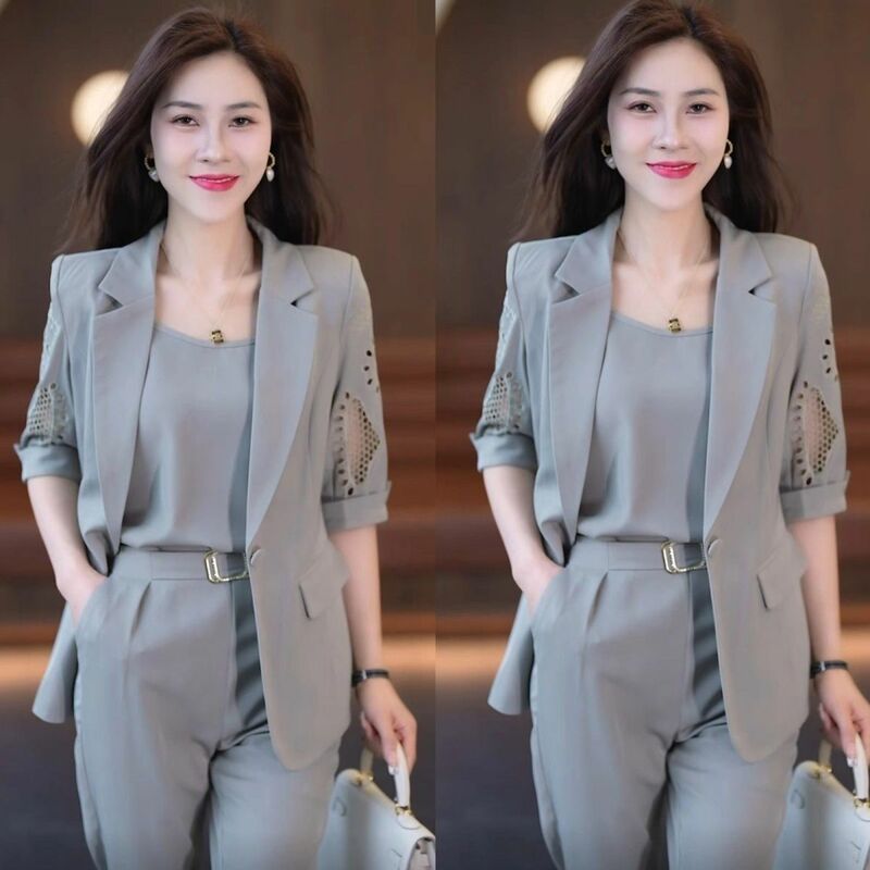 Set di moda primavera/estate per le donne 2024 edizione coreana di fascia alta elegante sul posto di lavoro che riduce l'età elegante Set di tre pezzi da donna