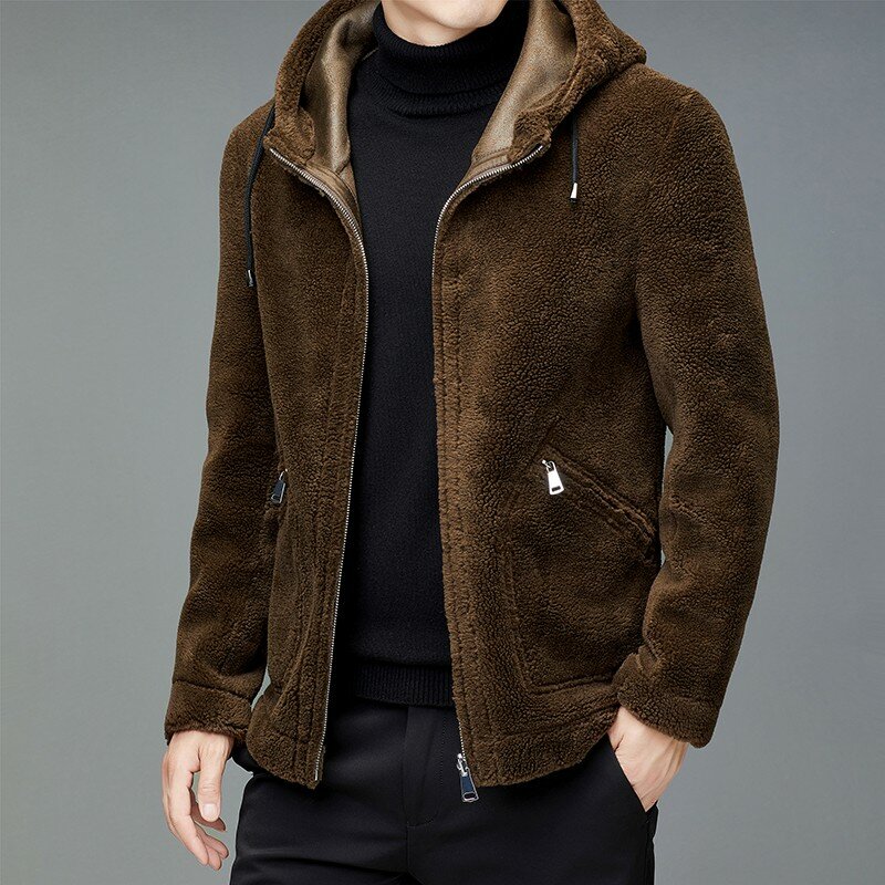 Мужская двусторонняя куртка с овечьим мехом и капюшоном, на осень/зиму