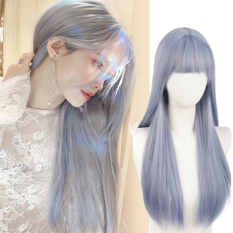 Wig sintetis lurus halus panjang dengan poni Wig rambut Lolita pesta Cosplay biru kabut abu-abu untuk wanita Wig tahan panas alami