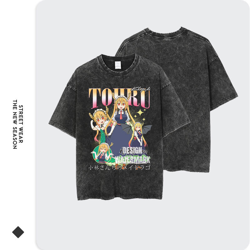 Tohru magliette oversize Vintage Washed Anime Miss Kobayashis Dragon Maid T-shirt Retro Streetwear Cute Girl top Tees Women