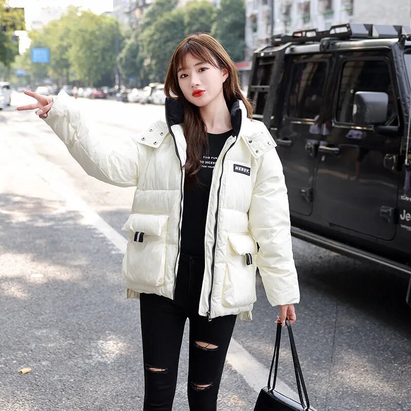 Para baixo casaco de algodão feminino 2022 inverno novo coreano solto all-match casual acolchoado casaco famela impressão com capuz grosso quente parkas