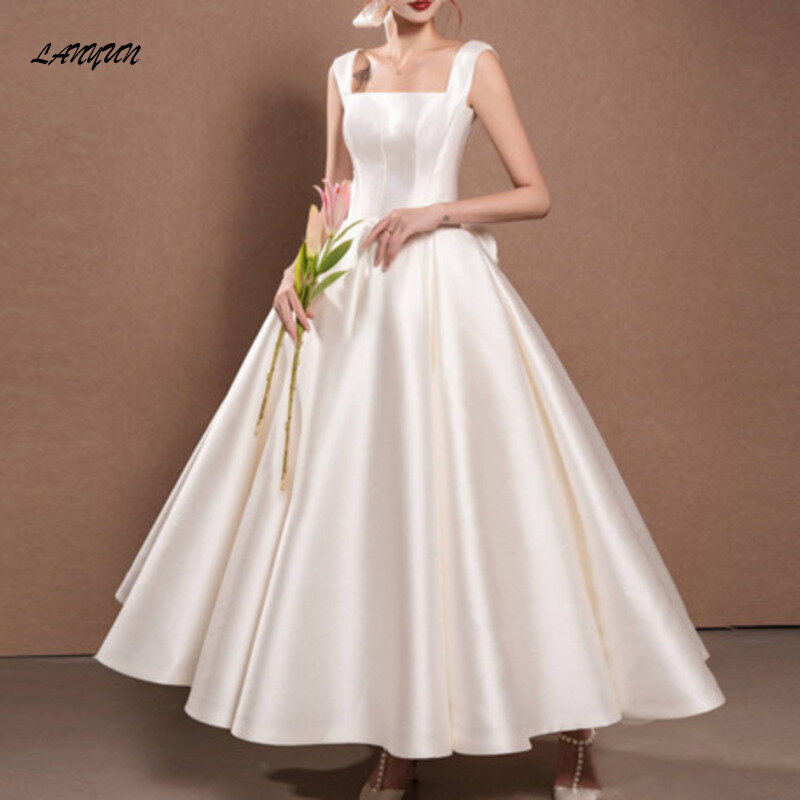 LANMU Vintage krótkie sukienki o długości herbaty prosta suknia balowa z wycięciem satynowa suknia recepcyjna kobiety ślubne suknie ślubne 2024 suknia wieczorowa