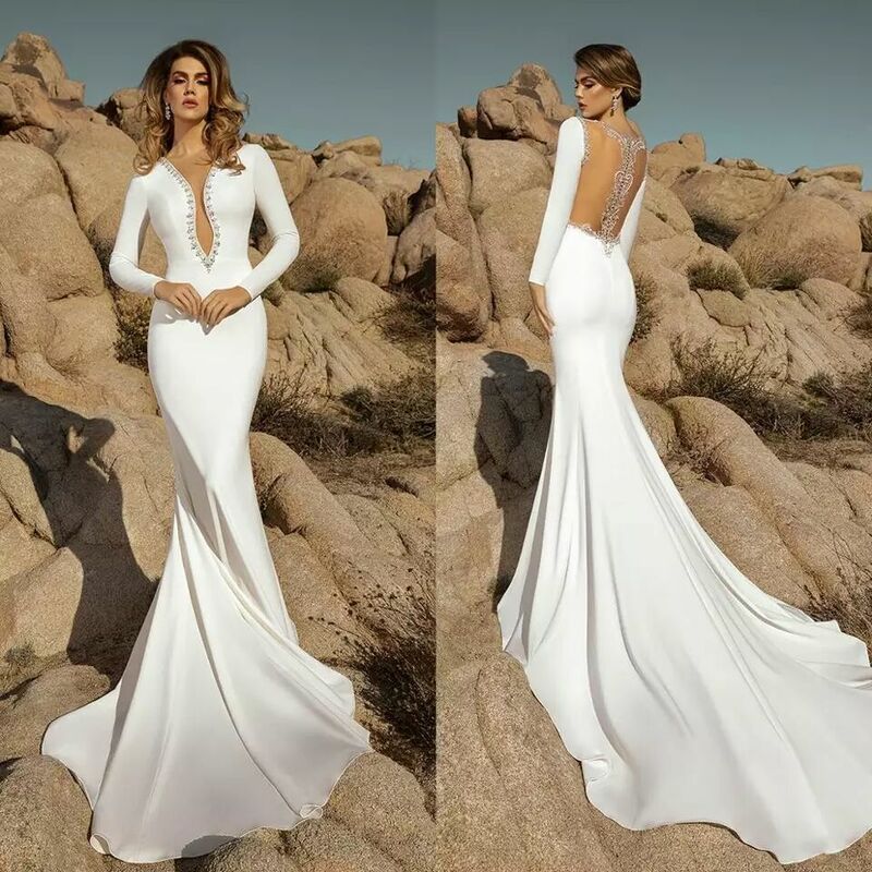 SoDigne Mermaid Beach suknie ślubne 2022 z długim rękawem zroszony Boho ślubne suknie Illusion powrót suknie ślubne Plus rozmiar