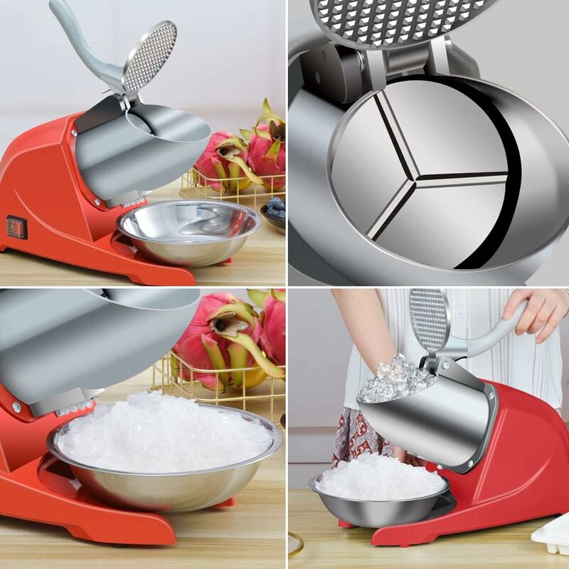 Three Blades Snow Cone Maker Ice Shaver 380W 220lbs/hr Prevent Splash Electric Stainless Steel Shaved Ice Machine Home