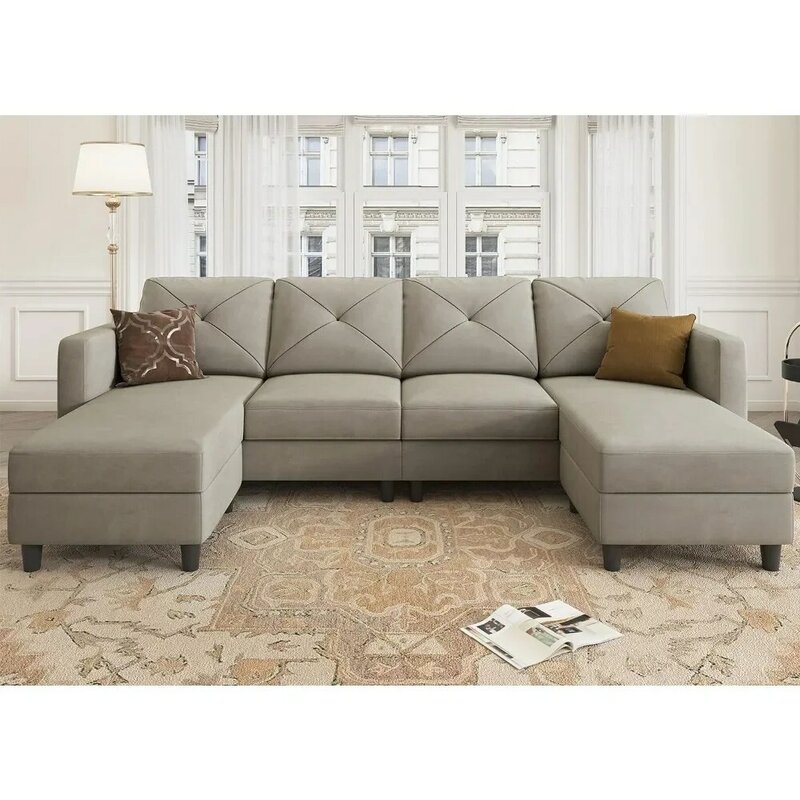 Rozkładana sofa segmentowa z podwójnymi szezlongami do salonu, aksamitna jasnoszara, kanapa w kształcie litery U, 4-osobowa sofa