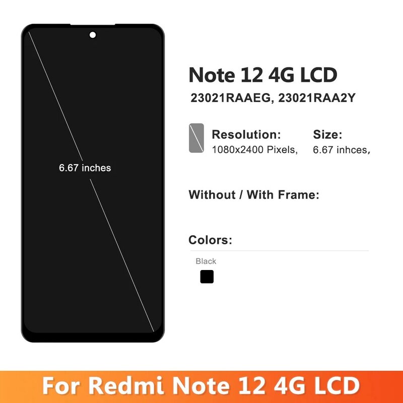 Super AMOLED untuk Xiaomi Redmi Note 12 4G 23021RAAEG Lcd Lcd tampilan layar sentuh dengan bingkai untuk Redmi Note 12 4G layar