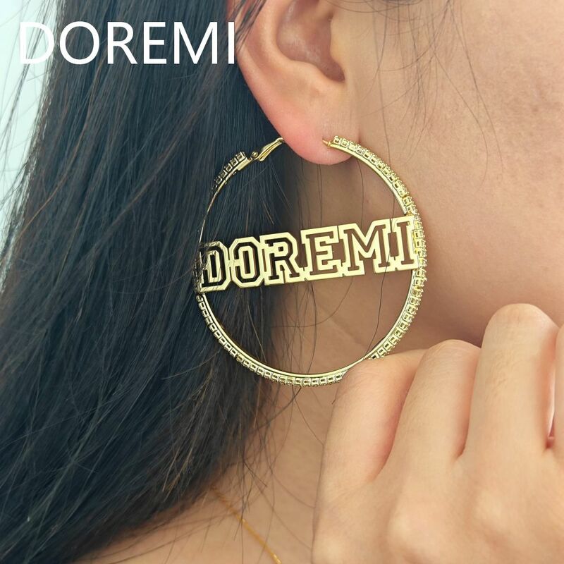 DOREMI 미니 지르콘 크리스탈 후프, 맞춤형 이름 귀걸이, 금도금 스테인레스 스틸, 맞춤형 보석 선물, 여성용 크리스탈 후프