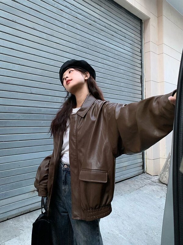 Frauen Vintage Pu Jacke Frauen High Street Techwear Overs ize Kunstleder Mantel Moto Jacke Punk lässig kurz geschnittene Oberbekleidung