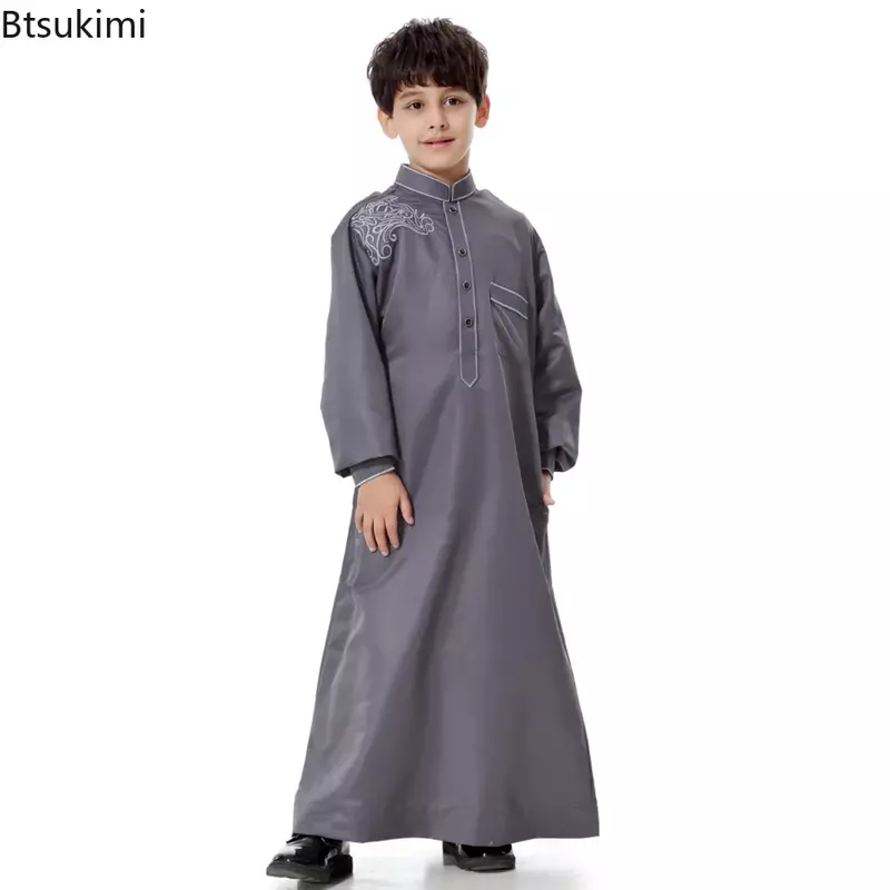 2024 Muslim Boys Kids Saudi Robe Thoub Jubba Thobe Daffah Arab Dress Islamic Clothing Maxi Gown Abaya Ramadan Thawb Middle East