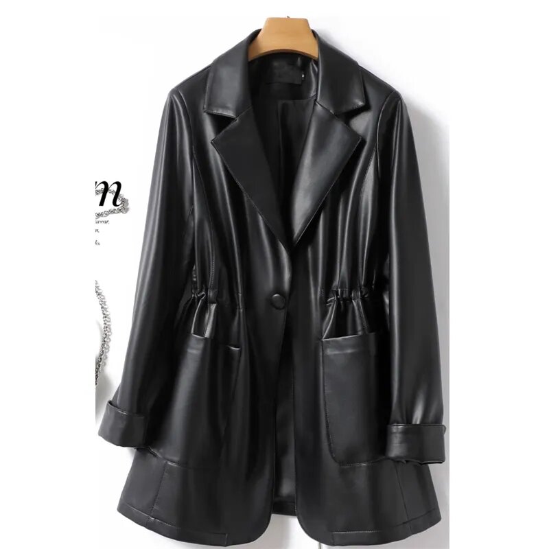 Jaket Blazer kulit asli hitam untuk wanita, mantel kulit domba serut kancing modis musim gugur musim dingin 2023