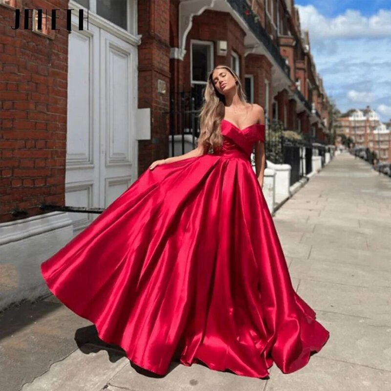 JEHETH Red Off Shoulder Satin plisy Graduation wieczorowa sukienka dla Wmoen elegancka Backless Line Prom suknia wieczorowa długość podłogi