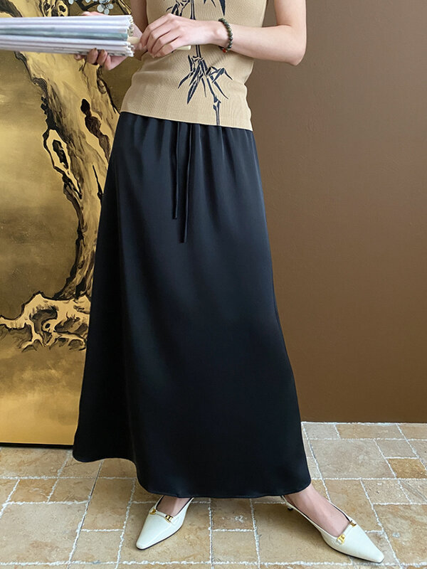 Satynowa długa spódnica ze sznurkiem z wysokim stanem Moda Lato Nowa Wszechstronna Luźna Czarna Spódnica Eleganckie Temperamentowe Spódnice dla Kobiet