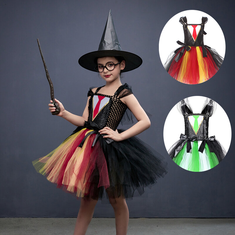 Vestido de tutú de fantasía de bruja pequeña para niñas, disfraz de estilo escolar Hermione de Potter con sombrero, ropa de fiesta de Halloween
