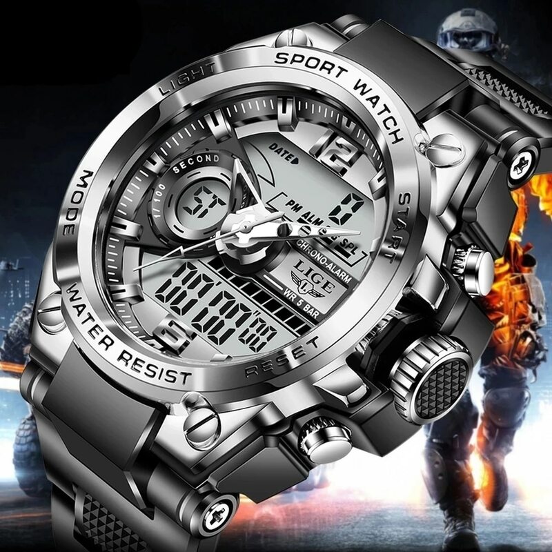 LIGE-Montre militaire numérique pour homme, étanche 50m, montre-bracelet à quartz LED, horloge de sport, grandes montres pour homme
