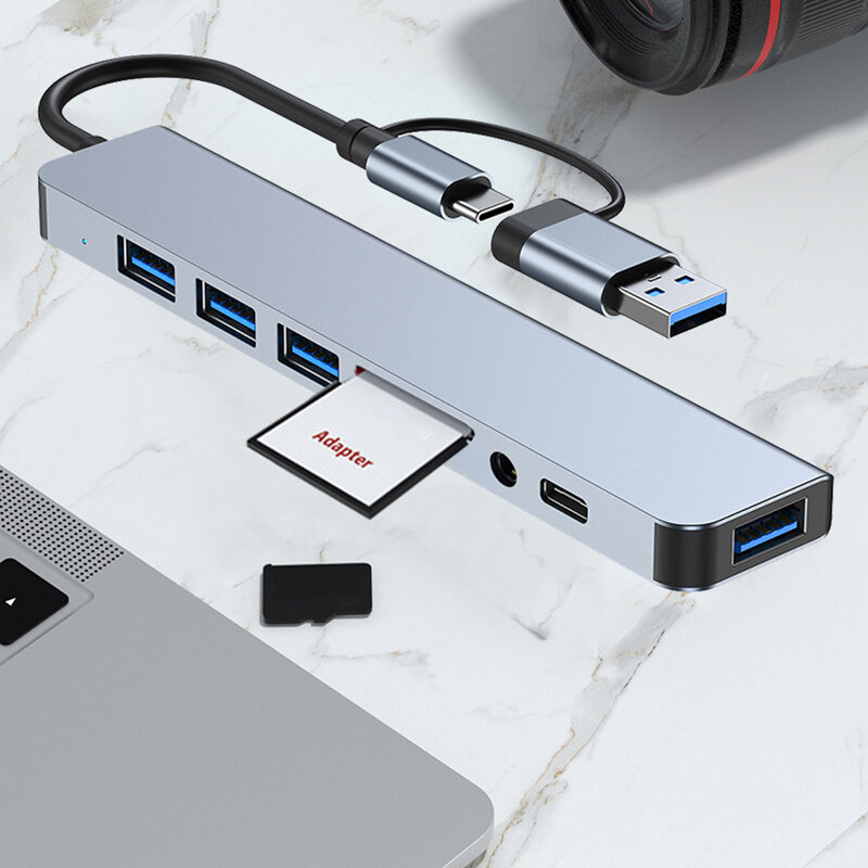 ฮับ8-in-2 USB 3.0 USB C สถานีท่าเรือฮับ5Gbps ความเร็วสูง USB Splitter Type C ไปยัง USB OTG Adapter สำหรับ MacBook Pro