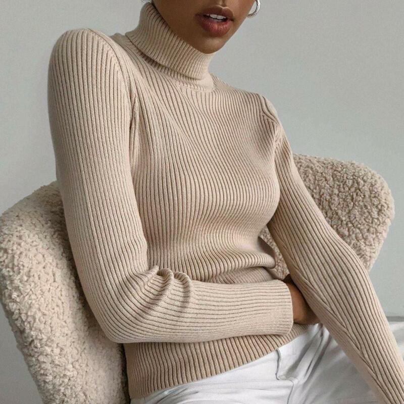 Sweater Bottoming wanita warna Solid, atasan gaya Turtleneck wanita rajut Slim Fit atasan Pullover bergaris untuk A