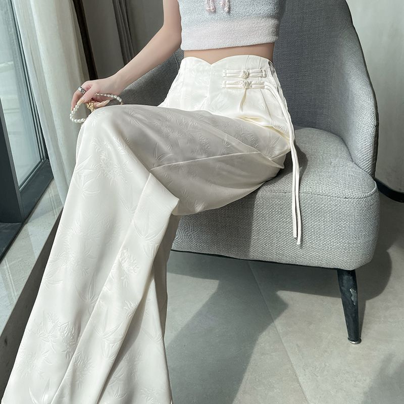 Pink New Chinese Satin Jacquard Suit Pants for Women Spring/Summer 2024 New High Waist Loose Straight Button Wide Leg Pants