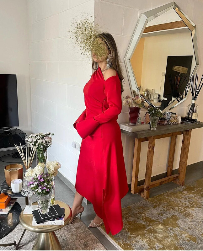 فستان حفلات اSatin Ankle Length Long Sleeve New Prom Party Gown Arabic Muslim Style Bright Red One Shoulder O-neck Evening Dress