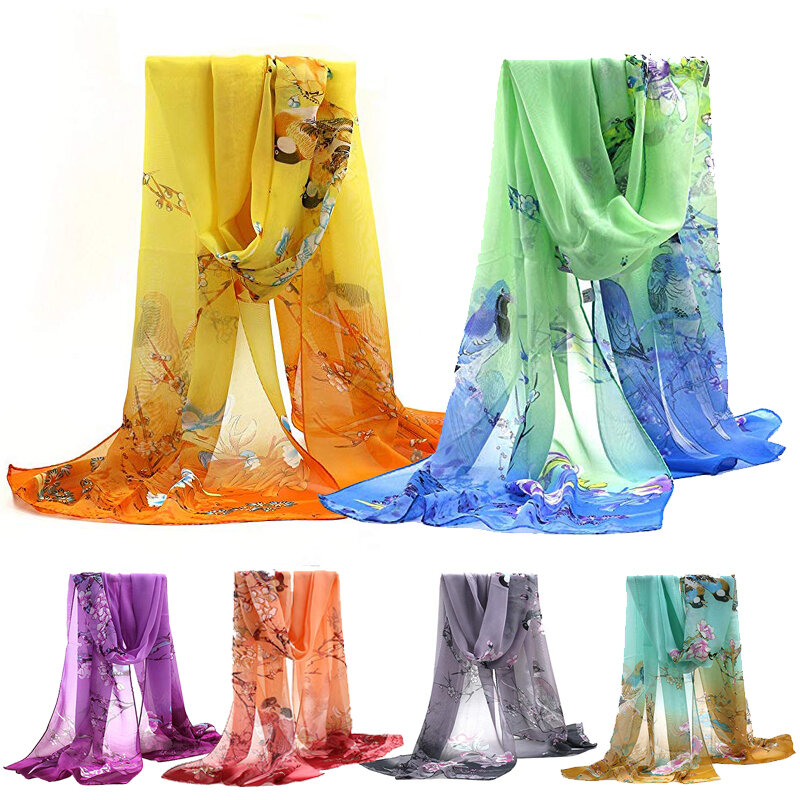 Женский модный тонкий хиджаб с цветочным принтом, 160x50 см, Дамская шаль, весна-лето, Шелковый шифоновый шарф, палантины