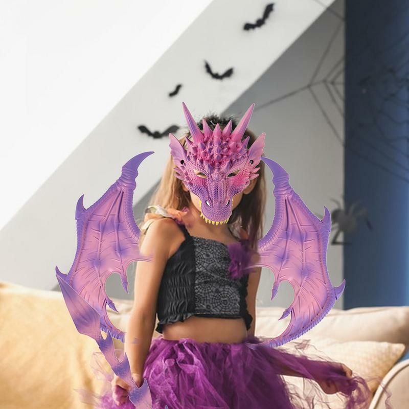 Máscara de dragón ajustable para niños, Kit de disfraz de alas, maquillaje de fantasía, accesorio de Cosplay para fiesta, 3 piezas