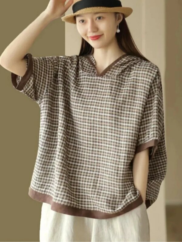Camisetas con capucha a cuadros para mujer, ropa informal holgada de manga corta, estilo elegante, Vintage, 9182