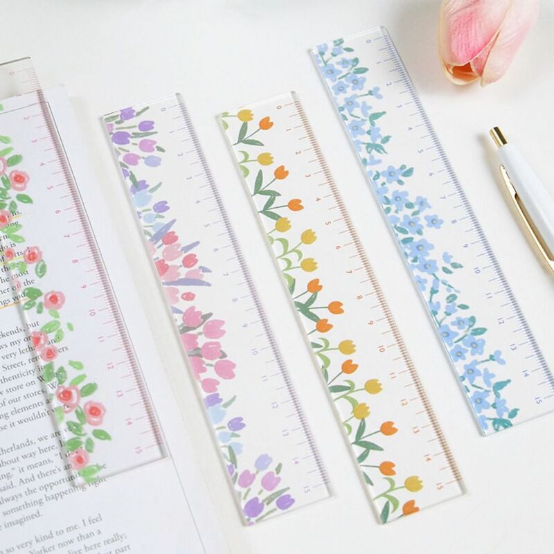 Multifunction 15cm Straight Ruler Creative Transparent Acrylic Math Drawing Ruler Double-duty Tulip Dividing Ruler Stationery