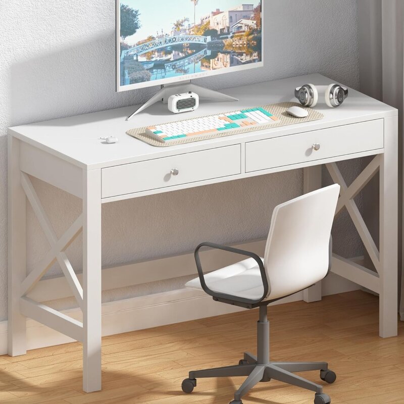 Choochoo โต๊ะคอมพิวเตอร์สำหรับสำนักงานบ้าน, โต๊ะโมเดิร์นเรียบง่าย40นิ้วสีขาวพร้อมลิ้นชัก, โต๊ะเครื่องแป้งโต๊ะคอนโซลแต่งหน้า