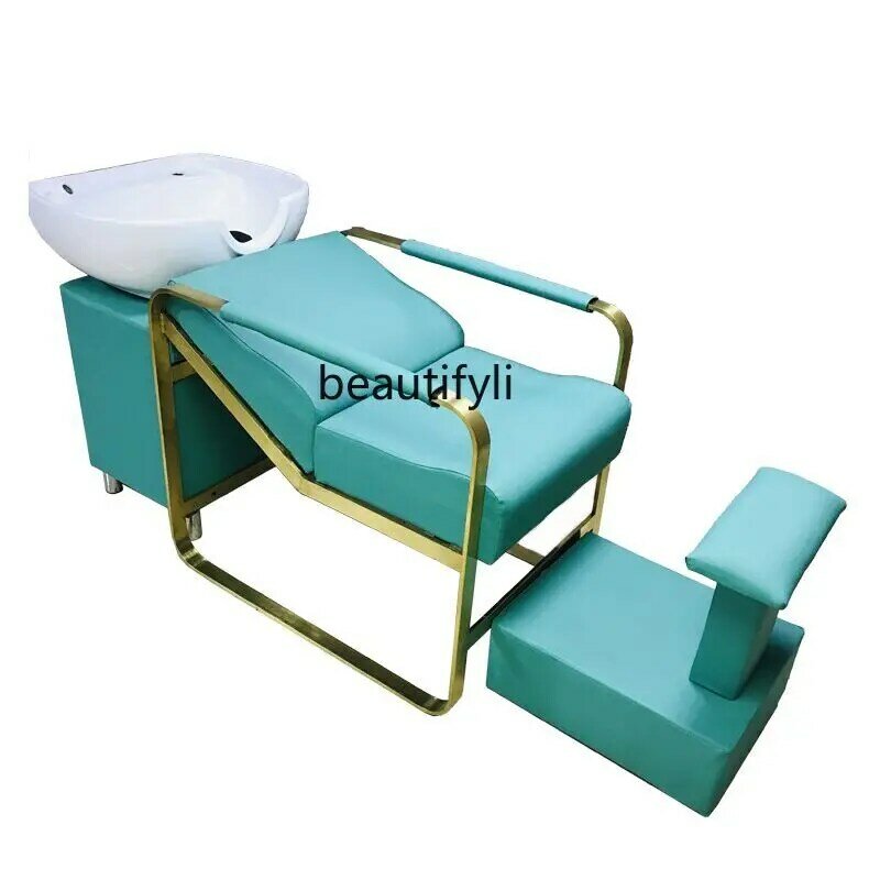Aço inoxidável Half Lying Salon Bed, de alta qualidade Shampoo Chair, cerâmica Bacia profunda, Flushing Bed, cabelo Saloon Dedicado