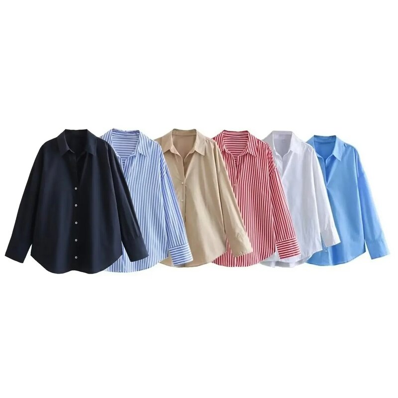 Blusas popeline multicoloridas para mulheres, manga longa, botão para cima, tops chiques, camisas vintage, nova moda, 2023