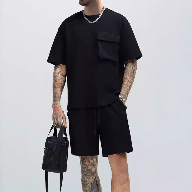 Sports Mens Two Piece Suits Summer Leisure Short Sleeve Pocket Design Tee And Shorts Outfits Men Clothes Casual Solid Color Sets