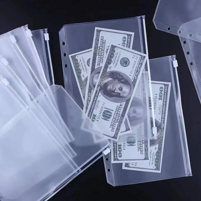 6Pcs/12Pcs Convenient Clear PVC  A6  Budget Binder Pockets Zipper Folder Bags for 6-Ring Notebook Binder Files Reports Binder