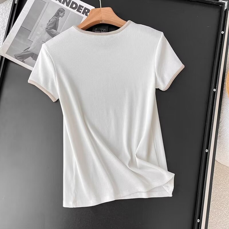 Maxdutti Rundhals ausschnitt Rbbed Strick Kurzarm Top Sommer T-Shirt Frauen nordischen minimalist ischen farb codierten gestrickten T-Shirt
