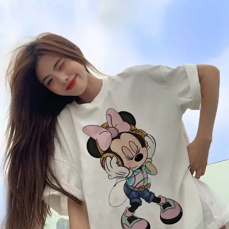 Mickey e Minnie para mulheres Cartoon T-Shirt extragrande, Top Kawaii, Vintage Fashion, Anos 90 Ulzzang, Y2K, Feminino, Novo