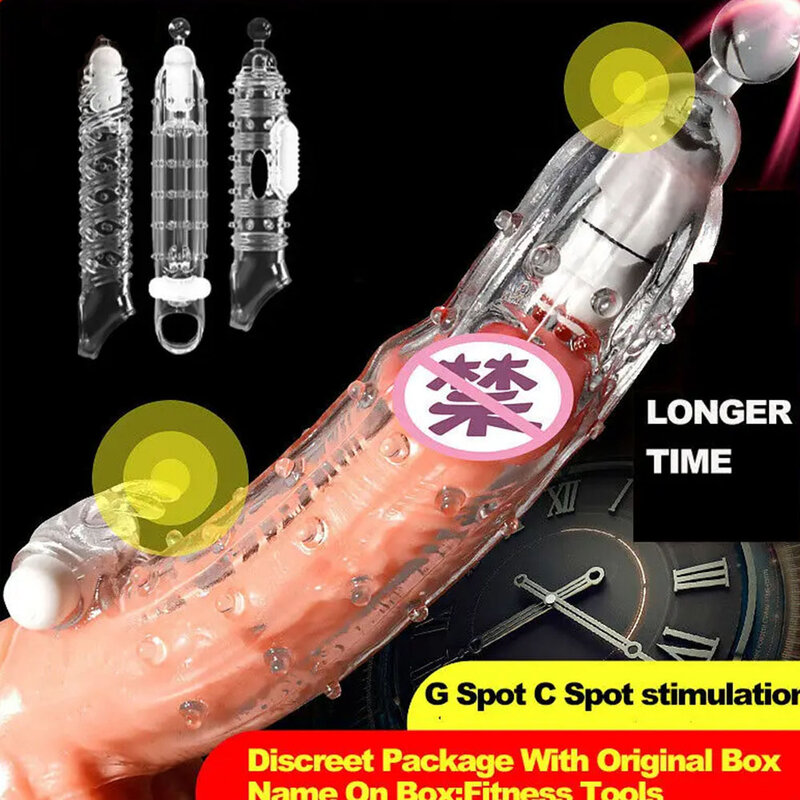 Reusable Penis Sleeve Silicone Condoms with Vibrator Cock Extender Enhancer Enlargement G Spot Clit Stimulator Sex Toys for Men
