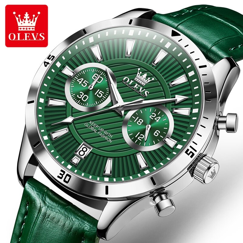 ساعة أوليفس-ساعة كوارتز خضراء للرجال ، جلد ، مقاومة للماء ، مضيئة ، تقويم ، فاخر ، كرونوغراف ، أزياء العلامة التجارية