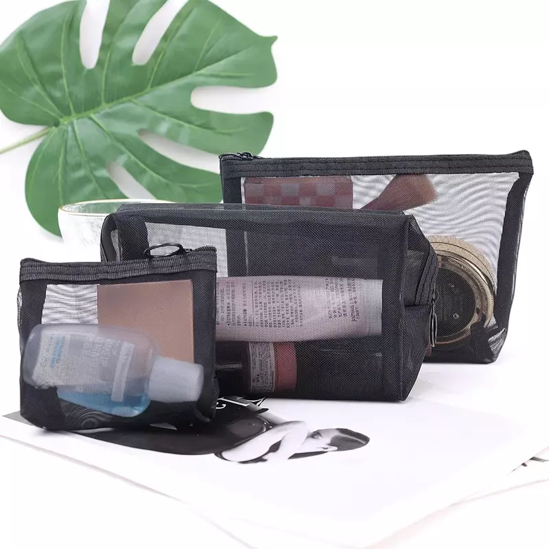 Borse per cosmetici trasparenti in rete di 3 dimensioni piccola borsa per il trucco nera grande borsa da viaggio portatile per l'organizzatore di articoli da toeletta per rossetto