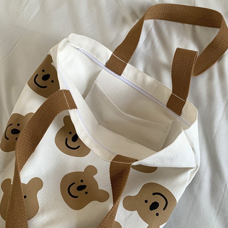 Women Canvas Tote Bag Fashion Ins Cute Bear Print Shoulder Bag For Girls Student