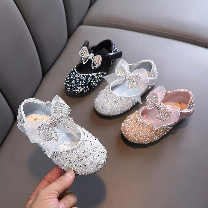 Zapatos de cuero con lentejuelas para niños y niñas, zapatillas de princesa con diamantes de imitación y lazo, a la moda, para boda