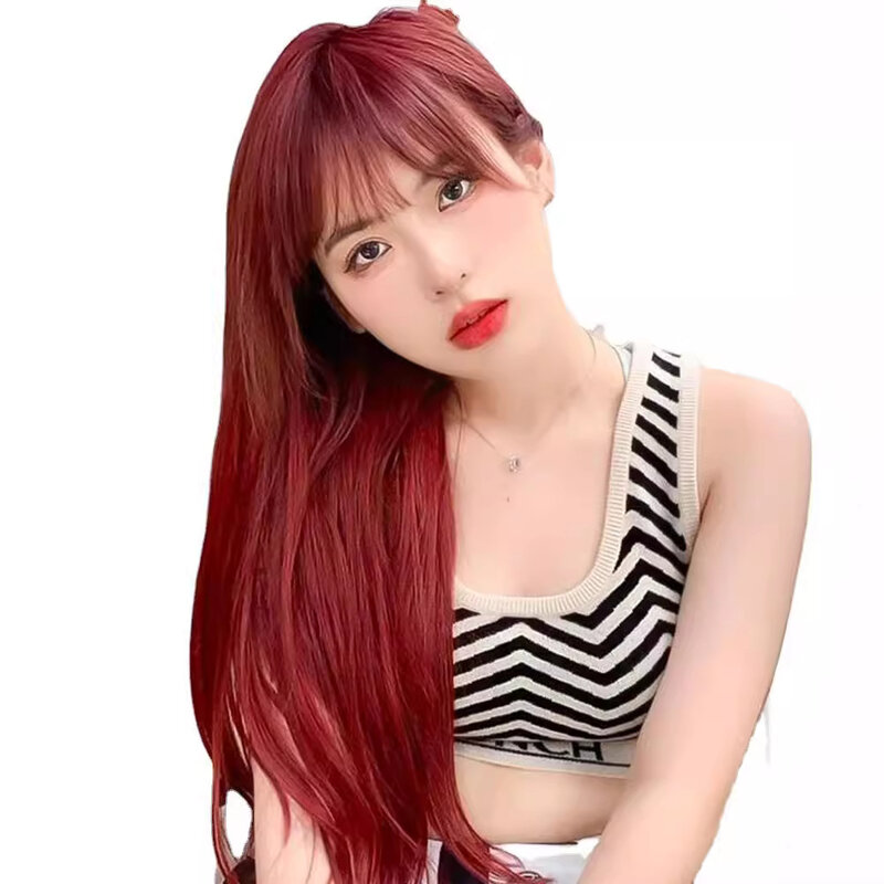 Mermaid rose raspberry red wig for women with long hair, white hair, long straight hair, 2024 fashion full headgear style
